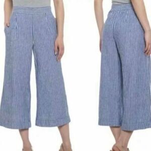 Beachlunchlounge Linen Blue striped cropped wide leg pant large
